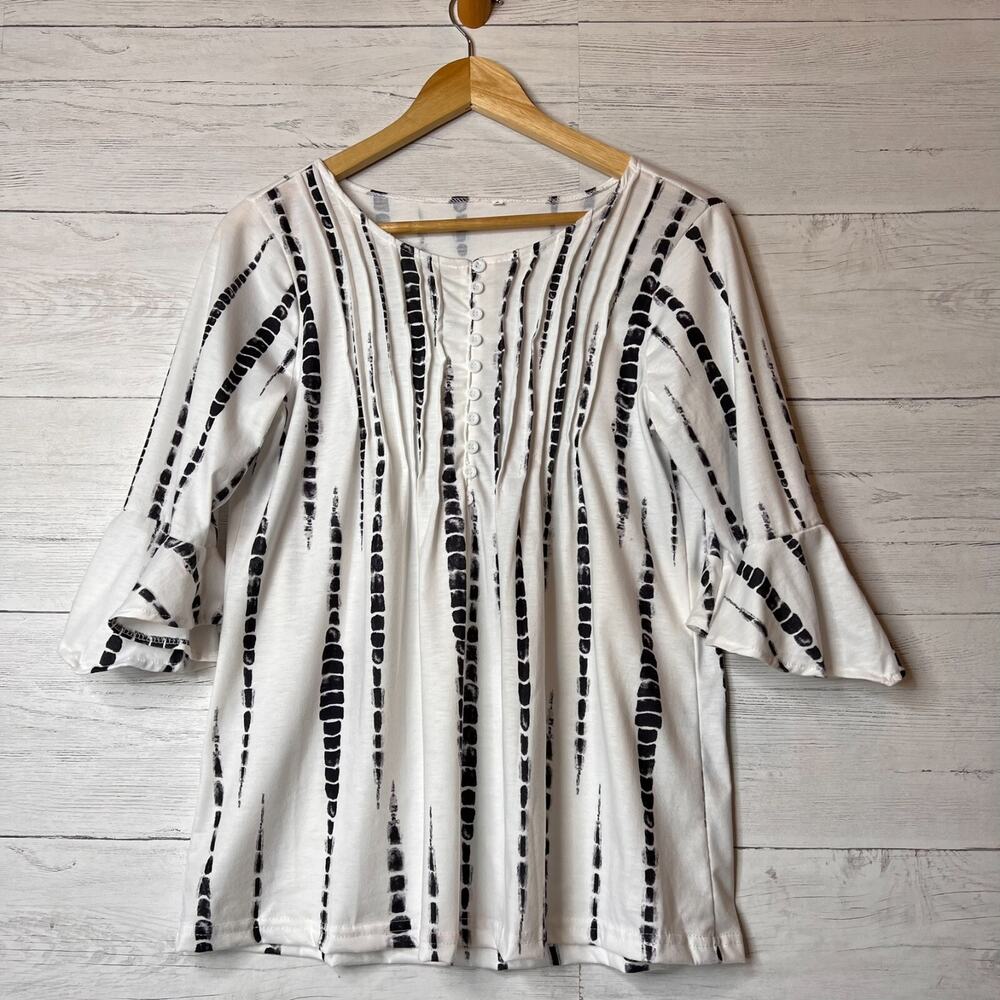 Navy & White Blouse Womens Size Small 3/4 Bell Sleeve Henley Pleated Tunic
